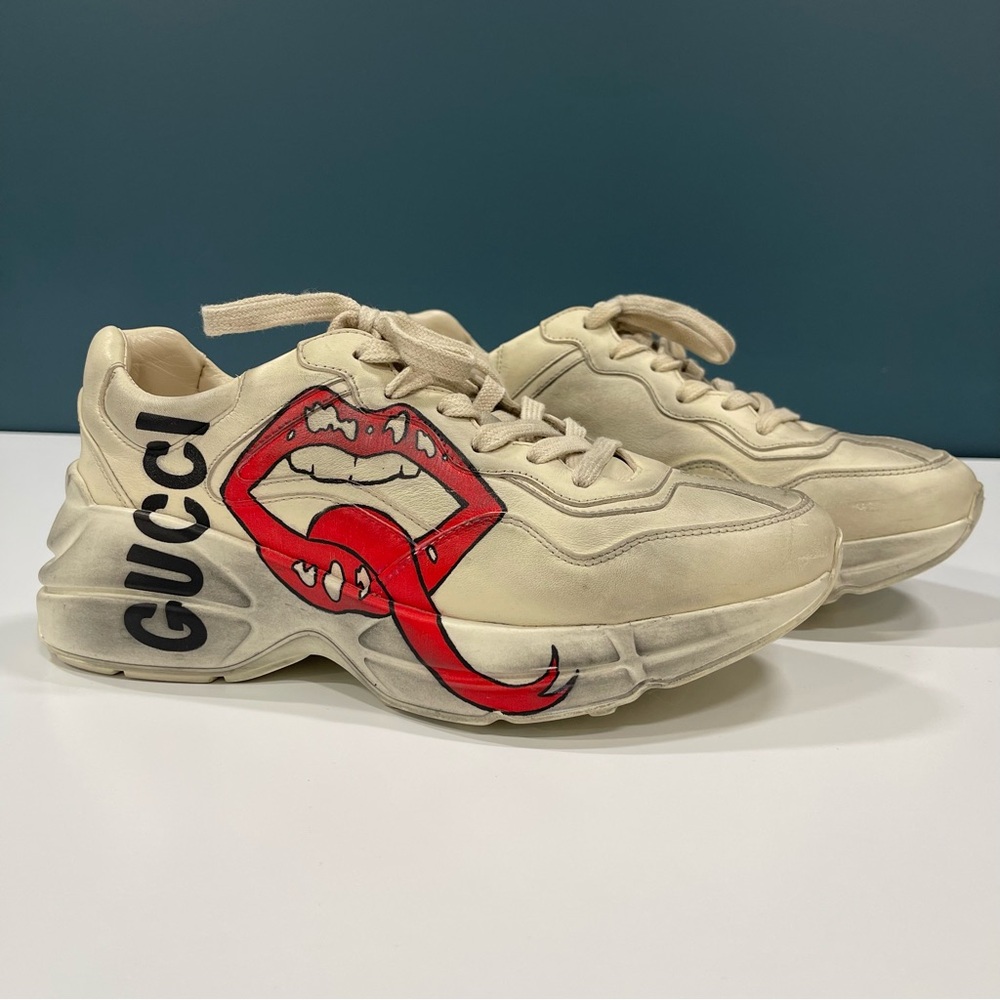 Gucci Ryton Vintage-Look Off-White Black Red Sneakers w Lips Logo SZ 38.5 /W 8.5 - Picture 5 of 16